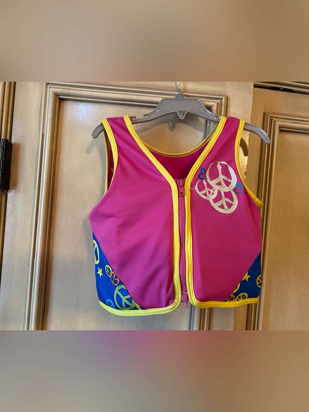 Girls Swim Life Jacket Vest Pink Blue Yellow Trim Zip Front Peace Sign Print